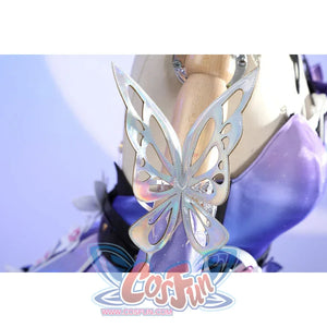 Arm accessory close-up of Castorice cosplay costume with silver butterfly wing piece and purple sleeve