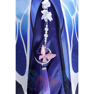 Back chain detail of Castorice cosplay costume with white flower links, pearl beads, and pink butterfly charm