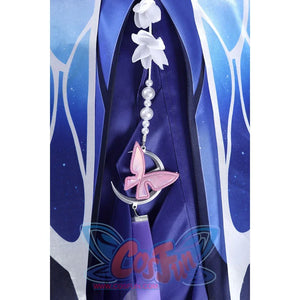 Back chain detail of Castorice cosplay costume with white flower links, pearl beads, and pink butterfly charm