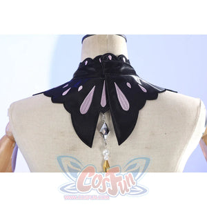 Back collar detail of Castorice cosplay costume with black petal collar, pink accents, and hanging crystal charm