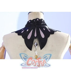 Back collar detail of Castorice cosplay costume with black petal collar, pink accents, and hanging crystal charm