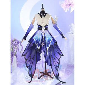 Back mannequin view of Castorice cosplay costume with purple butterfly overskirt, white trim, back chain, and black collar