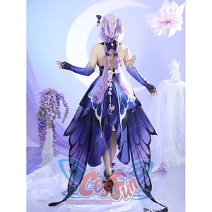 Back view of Castorice cosplay costume with purple skirt panels, black collar, back chain, ribbons, and butterfly overskirt