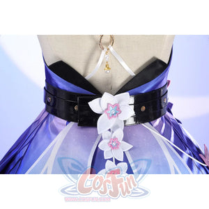 Back waist detail of Castorice cosplay costume with black belt, white bow flowers, pearl chain, and purple panels