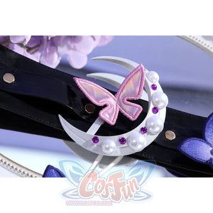 Close-up of Castorice cosplay costume belt with pink butterfly, white crescent charm, pearl beads, and black strap