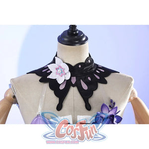 Front detail of Castorice cosplay costume collar with black petal trim, white flower, and purple bodice straps