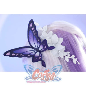 Close-up of Castorice cosplay costume butterfly headpiece with purple wings, black outline, and white floral branch