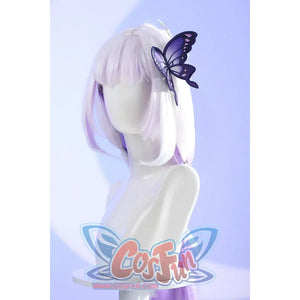 Side view of Castorice cosplay costume butterfly headpiece with purple wings and white floral accents displayed on white hair