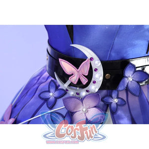 Waist detail of Castorice cosplay costume with pink butterfly charm, white crescent accent, purple flowers, and belt