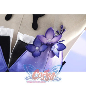 Chest close-up of Castorice cosplay costume with purple flower accents, black trim, and white ruffle neckline