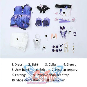 Flat lay of Castorice cosplay costume full set with dress, skirt, collar, sleeves, belt, earrings, and hair accessories