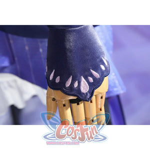 Glove cuff detail of Castorice cosplay costume with dark purple sleeve, pink petal cutouts, and hand opening