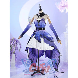 Front mannequin view of Castorice cosplay costume with purple bodice, white ruffle skirt, black belt, and sheer overskirt