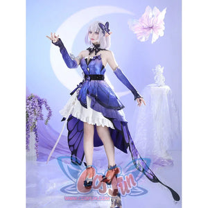 Model full view of Castorice cosplay costume with purple dress, white skirt, gloves, headpiece, and butterfly panels