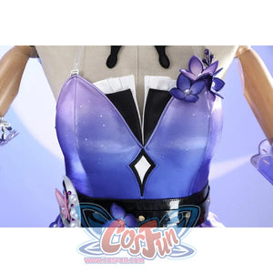 Bodice close-up of Castorice cosplay costume with purple bust, black waist belt, white neckline ruffle, and flower accent