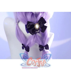 Close-up of Castorice cosplay costume back hair bow with purple ribbon, pearl center, and small butterfly bows