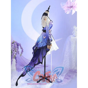 Side view of Castorice cosplay costume with purple layered skirt, white underskirt, black collar, glove, and long panel