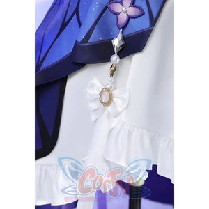 Skirt charm detail of Castorice cosplay costume with white bow ornament, pearl chain, and purple skirt layers