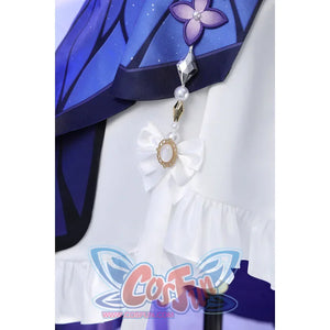 Skirt charm detail of Castorice cosplay costume with white bow ornament, pearl chain, and purple skirt layers