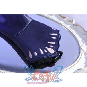Sleeve cuff close-up of Castorice cosplay costume with dark purple fabric, pink petal cutouts, and black trim