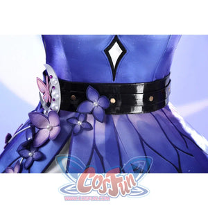 Waist close-up of Castorice cosplay costume with black belt, purple flowers, white diamond motif, and pleated skirt