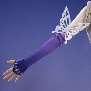 Honkai: Star Rail Castorice Gossamer Flutter cosplay costume purple sleeve anchors a white butterfly arm ring accessory.