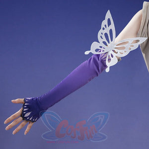 Honkai: Star Rail Castorice Gossamer Flutter cosplay costume purple sleeve anchors a white butterfly arm ring accessory.