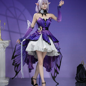 Honkai: Star Rail Castorice Gossamer Flutter cosplay costume layers a purple butterfly dress over a white ruffled skirt.