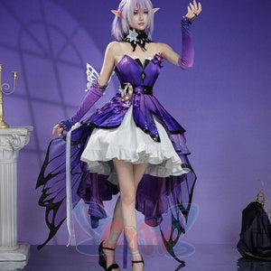 Honkai: Star Rail Castorice Gossamer Flutter cosplay costume layers a purple butterfly dress over a white ruffled skirt.