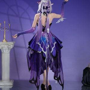 Honkai: Star Rail Castorice Gossamer Flutter cosplay costume presents intricate back layers and wing accents on the dress.