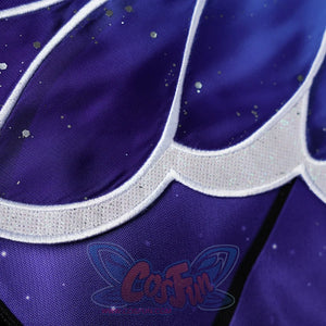 Honkai: Star Rail Castorice Gossamer Flutter cosplay costume fabric surface presents deep purple layers beside glitter trim.