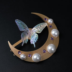 Honkai: Star Rail Castorice Gossamer Flutter cosplay costume gold-tone moon ornament centers an iridescent butterfly detail.