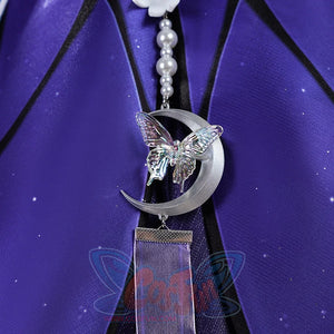 Honkai: Star Rail Castorice Gossamer Flutter cosplay costume centers a crescent moon ornament draped by pearl-like chains.