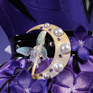 Honkai: Star Rail Castorice Gossamer Flutter cosplay costume centers a gold-tone moon waist ornament over purple floral lace.