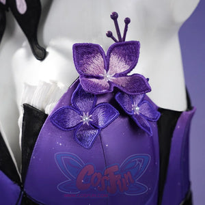 Honkai: Star Rail Castorice Gossamer Flutter cosplay costume presents intricate purple embroidered flowers on the bodice.