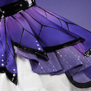 Honkai: Star Rail Castorice Gossamer Flutter cosplay costume presents purple skirt overlay beside pearl-like accents.