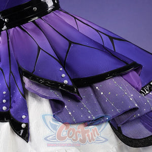 Honkai: Star Rail Castorice Gossamer Flutter cosplay costume presents purple skirt overlay beside pearl-like accents.