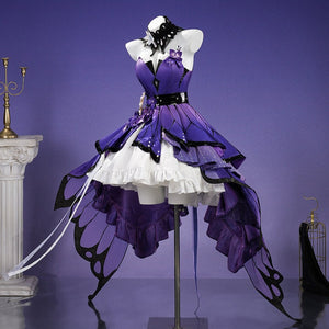 Honkai: Star Rail Castorice Gossamer Flutter cosplay costume layers ruffled white fabric under a winged purple dress.