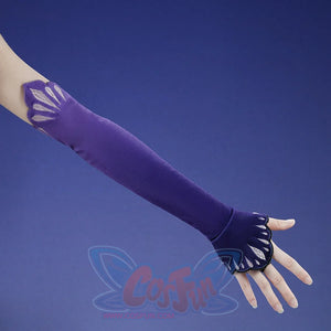 Honkai: Star Rail Castorice Gossamer Flutter cosplay costume sleeve detail traces silver-tone embroidery on purple fabric.