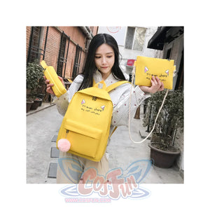 Cat Ears Printed Candy Color Canvas Backpack Handbag 3Pcs Set
