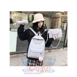 Cat Ears Printed Candy Color Canvas Backpack Handbag 3Pcs Set Gray / One Size