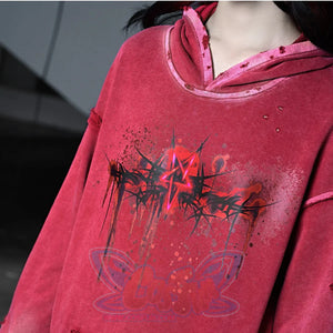 Winter Washed Terry Loop Printed Loose Long-Sleeved Hoodie