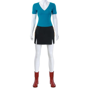 Live Action Pirate Navigator Nami cosplay costume with blue V-neck top, black skirt, and red boots