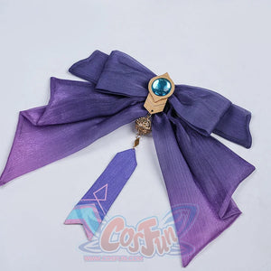 Genshin Impact Citlali Whispers of Stars and Smoke cosplay costume centers a purple fabric bow under a blue gem-like pendant.