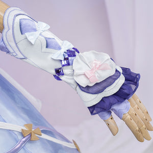 Genshin Impact Citlali Whispers of Stars and Smoke cosplay costume sleeve beside purple ruffles and pink ribbon accents.
