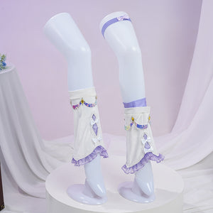 Genshin Impact Citlali Whispers of Stars and Smoke cosplay costume sock covers layer white fabric beside purple ruffles.
