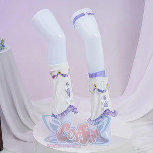 Genshin Impact Citlali Whispers of Stars and Smoke cosplay costume sock covers layer white fabric beside purple ruffles.