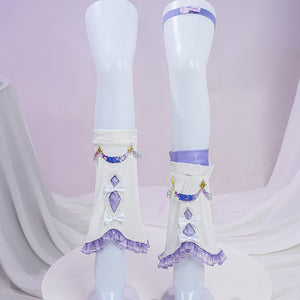 Genshin Impact Citlali Whispers of Stars and Smoke cosplay costume sock covers present purple ruffles and mini bows.