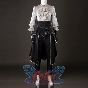 Angled front view of Maelle cosplay costume from Clair Obscur Expedition 33 with gray blouse, black apron, and white trim