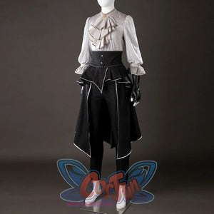 Front angled view of Maelle cosplay costume from Clair Obscur Expedition 33 with gray ruffle top, black apron, and gloves